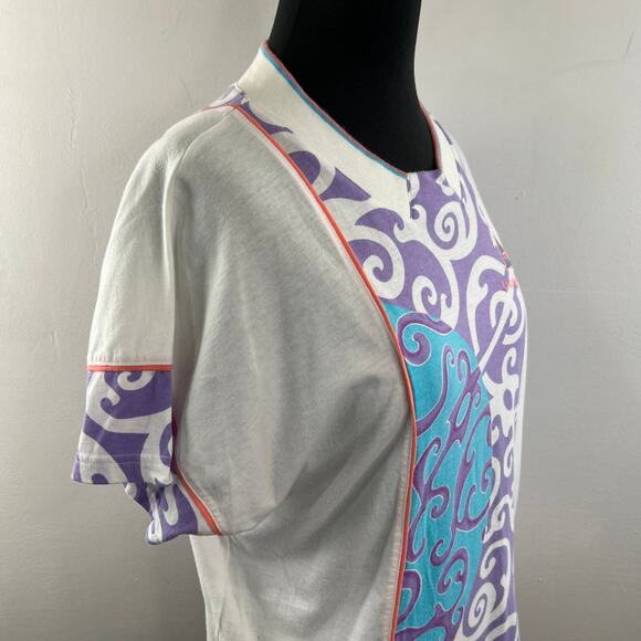 VINTAGE Le Coq Sportif White Blue Top Cotton Geometric Crew Pullover Sz Small S - Picture 6 of 9